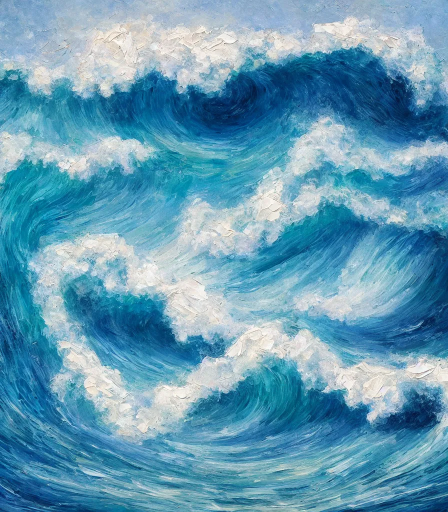 Image similar to an impasto oil painting of one single beautiful hawaiian wave, monochromatic color scheme, high detail, breathtaking wave, modern art, abstract art, soft colors, inverted colors