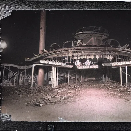 Image similar to an abandoned amusement park at night, scary, grotesque, old photo, polaroid