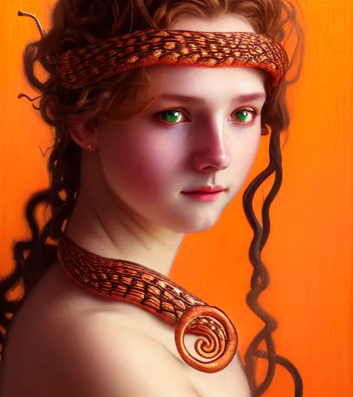 Image similar to portrait of teenage medusa, snake hair, naughty smile, wearing an embroidered orange tunic, intricate, sensual, sultry, elegant, copper and emerald jewelry, glowing lights, seductive, highly detailed, digital painting, artstation, concept art, smooth, sharp focus, illustration, art by wlop, mucha, artgerm, and greg rutkowski