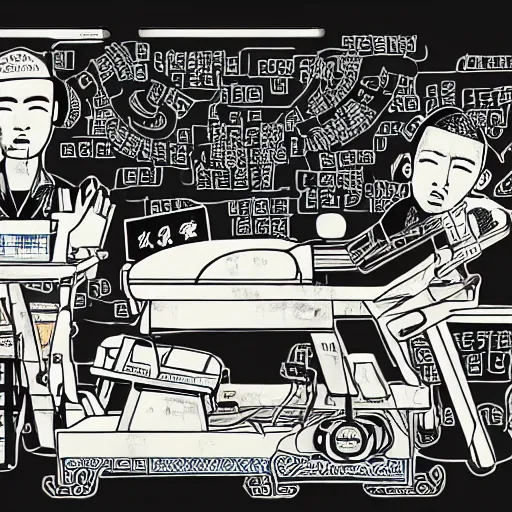 Image similar to chinese surgery operating table, in the style of daniel johnston and outsider art, 8k, line brush, overlaid with chinese adverts