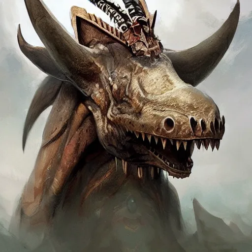 Image similar to triceratops with aztec headdress, greg rutkowski, digital illustration, concept art, dnd, face, fantasy, intricate, elegant, highly detailed, digital painting, artstation, full body, long shot, light from above