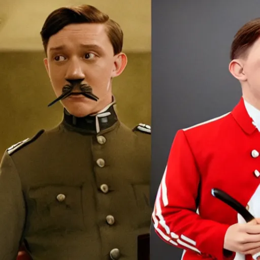 Prompt: tom holland as adolf hitler with toothbrush mustache