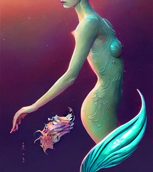 Prompt: harmony of dynamic pose, alien mermaid full body portrait by wlop, james jean, victo ngai, muted colors, highly detailed, fantasy art by craig mullins, thomas kinkade,