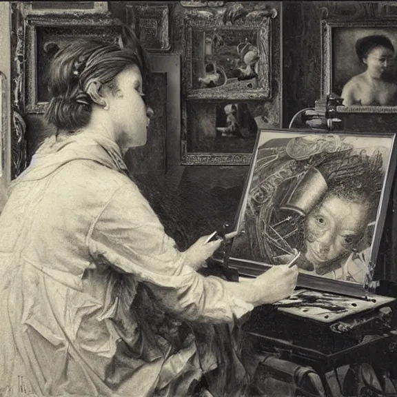 Image similar to robot artist painting a self - portrait on a canvas. intricate, highly detailed, photorealistic, film still, by hans thoma.