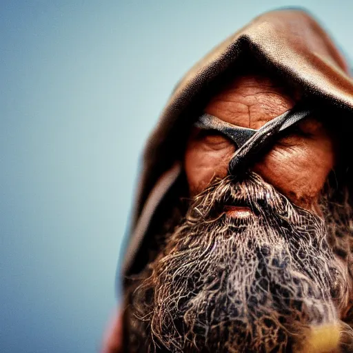 Image similar to a hermit with an eyepatch and a wooden cane, high resolution film still, 8k, HDR color