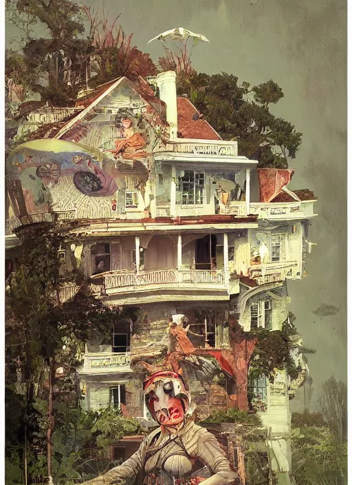 Image similar to a hyper realistic house on a hill distant explosions, gorgeous lighting, lush foliage, painting by chiara bautista and tom bagshaw, mucha, beksinski and norman rockwell and greg rutkowski weta studio, and lucasfilm