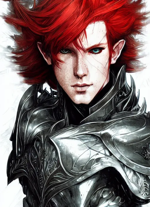 Image similar to Half body portrait of a handsome red haired elven prince in dragon scale armour. In style of Yoji Shinkawa and Hyung-tae Kim, trending on ArtStation, dark fantasy, great composition, concept art, highly detailed.