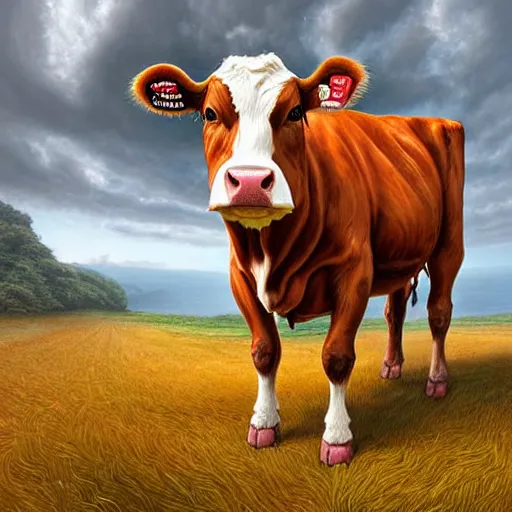 Image similar to digital painting of a guernsey cow by filipe pagliuso and justin gerard, symmetric, fantasy, highly, detailed, realistic, intricate