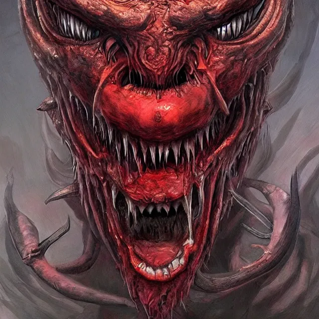 Prompt: concept art of a demonic devil with mismatched animal features a her bloody mouth open freakishly wide in the style of zdzisław beksinski in the style of h. r. giger trending on artstation deviantart pinterest furaffinity detailed realistic hd 8 k high resolution