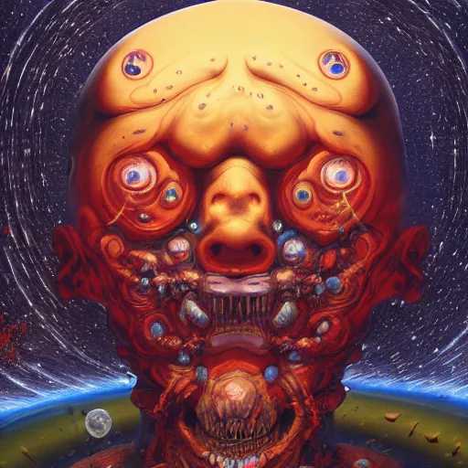 Prompt: A beautiful detailed cosmic horror portrait painting 'Head floating in the dimension of doom' by Takashi Murakami and Wayne Barlowe, hubble deep field in the background, Trending on cgsociety artstation, 8k, masterpiece, in the style of DiscoDiffusion.