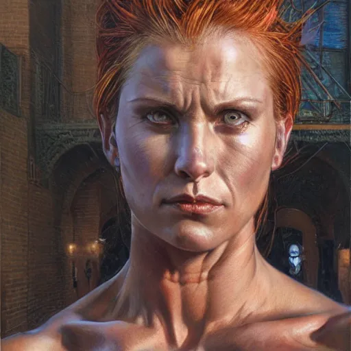 Image similar to frontal portrait of a emotional muscular female survivor in a city, by donato giancola.