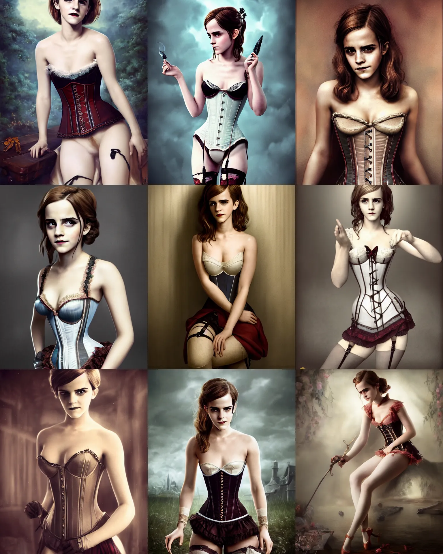 Prompt: full shot portrait painting of very beautiful emma watson posing as hot maiden in stockings corset home submissive, character design by mark ryden and pixar and hayao miyazaki, unreal 5, daz, hyperrealistic, octane render, cosplay, sharp focus, rpg portrait, dynamic lighting, intricate detail, cinematic, pinup