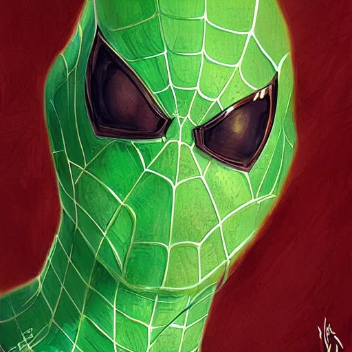 Image similar to an orange and green spiderman by cedric peyravernay