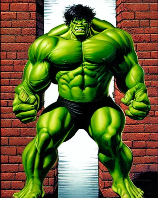 Image similar to a dynamic painting of the incredible hulk looking angry and breaking through a brick wall by joe jusko.