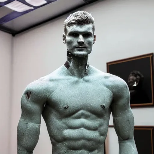 Image similar to a realistic detailed photo of a guy who is an attractive humanoid who is half robot and half humanoid, who is a male android, soccer player timo werner, shiny skin, posing like a statue, blank stare, by the pool, on display, showing off his muscles, humanoid robot, frozen ice statue, made of ice