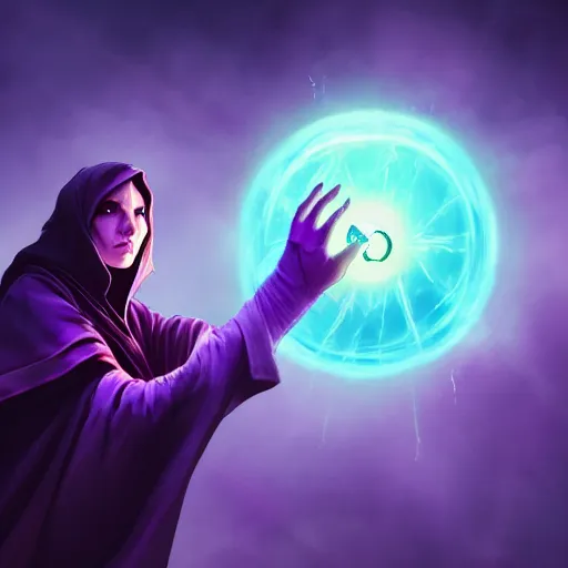 Image similar to a warlock is casting a magic spell, while magic orb is floating in his hand, the magic orb emit a purple vapour, dynamic pose, chromatic aberration , medium level shot, Mucha style , Grim fantasy, illustration ,digital painting, concept art,