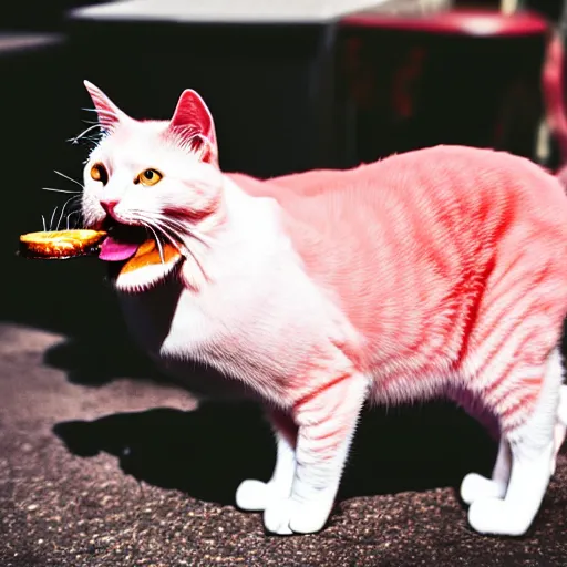 Prompt: photo of a pink cat, with a hamburger inside of it's mouth