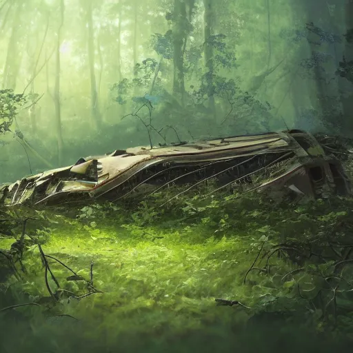 Image similar to a flying vessel wreckage lying down in a thick forest, vines growing on top, 8 k, hyper realism, artstations, concept art, cinematic