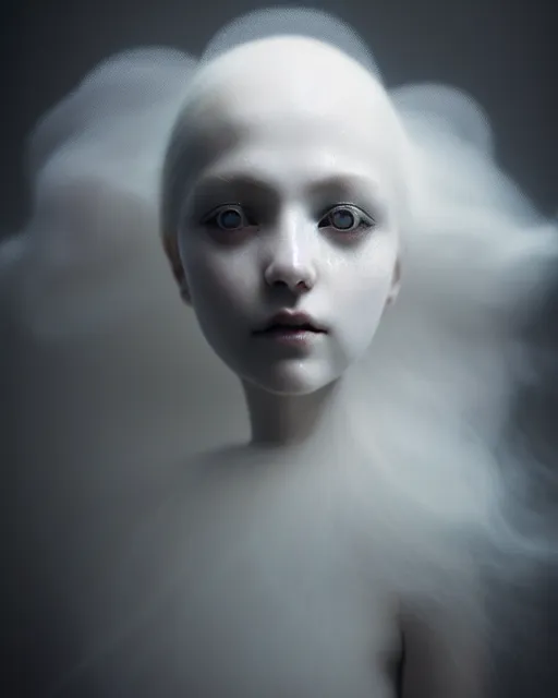 Image similar to monochrome, delicate, dreamy, feminine, subsurface scattering, white, young beautiful robot - cyborg in cosmos long white hair floating in air, fluid smoke art, black and white, octane render, dino valls, mark ryden, joe fenton, michal karcz, highly detailed, rim light, art, cinematic lighting, hyper realism, 8 k