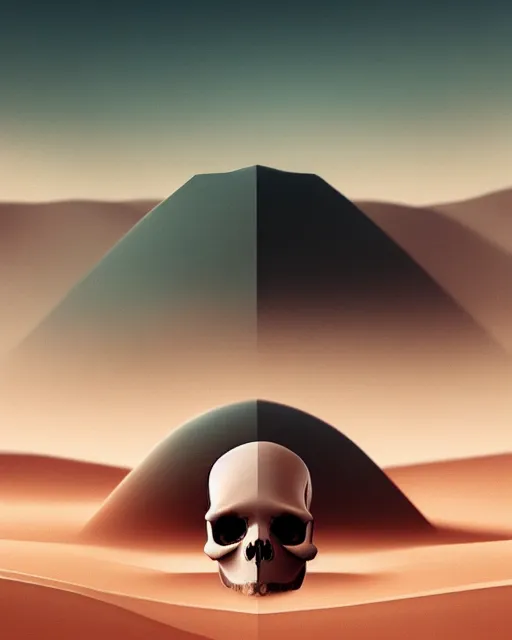 Image similar to epic composition of a skull in dystopian dessert landscape by stuart lippincott, 8 k trending on behance