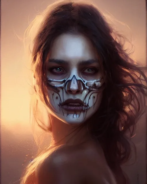 Image similar to epic portrait cinematic shot an woman with a face of a skull, creepy, flowing brown hair, shiny skin, beautiful, fine details. night setting. realistic shaded lighting poster by craig mullism, artgerm, jeremy lipkin and michael garmash, unreal engine, radiant light, detailed and intricate environment, digital art, trending on art station,