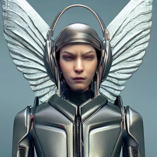 Image similar to a portrait of a cyberpunk angel with metal wings, trending on artstation, octane render, weta digital, 3D sculpture