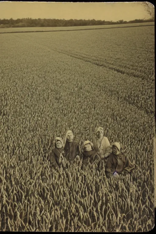 Prompt: vintage photograph of possessed villagers in a wheat field staring at you wide - eyed, at night