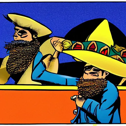 Prompt: bearded bandito with pancho and sombrero standing on top of a train at sunset, dave gibbons