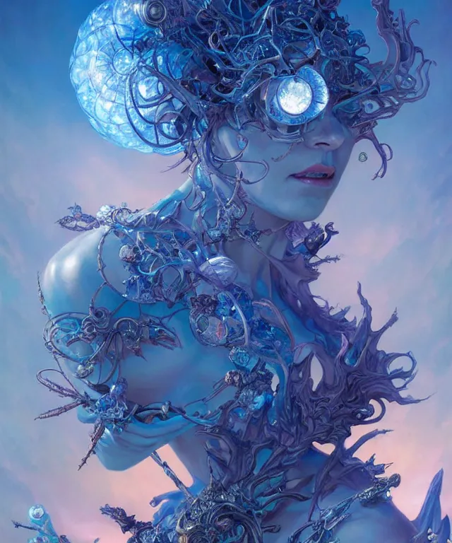 Prompt: beautiful evil fantasy blue crystal flower portrait, ultra realistic, sunset, wide angle, intricate details, the fifth element artifacts, highly detailed by peter mohrbacher, hajime sorayama, wayne barlowe, boris vallejo, aaron horkey, gaston bussiere, craig mullins