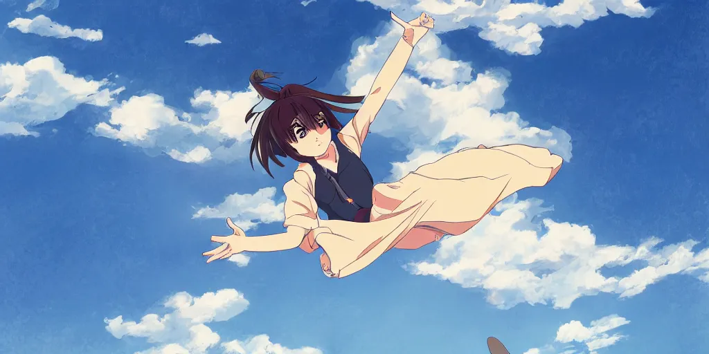 Prompt: a teenage girl flying among the clouds, anime drawing in the style of Makoto Shinkai