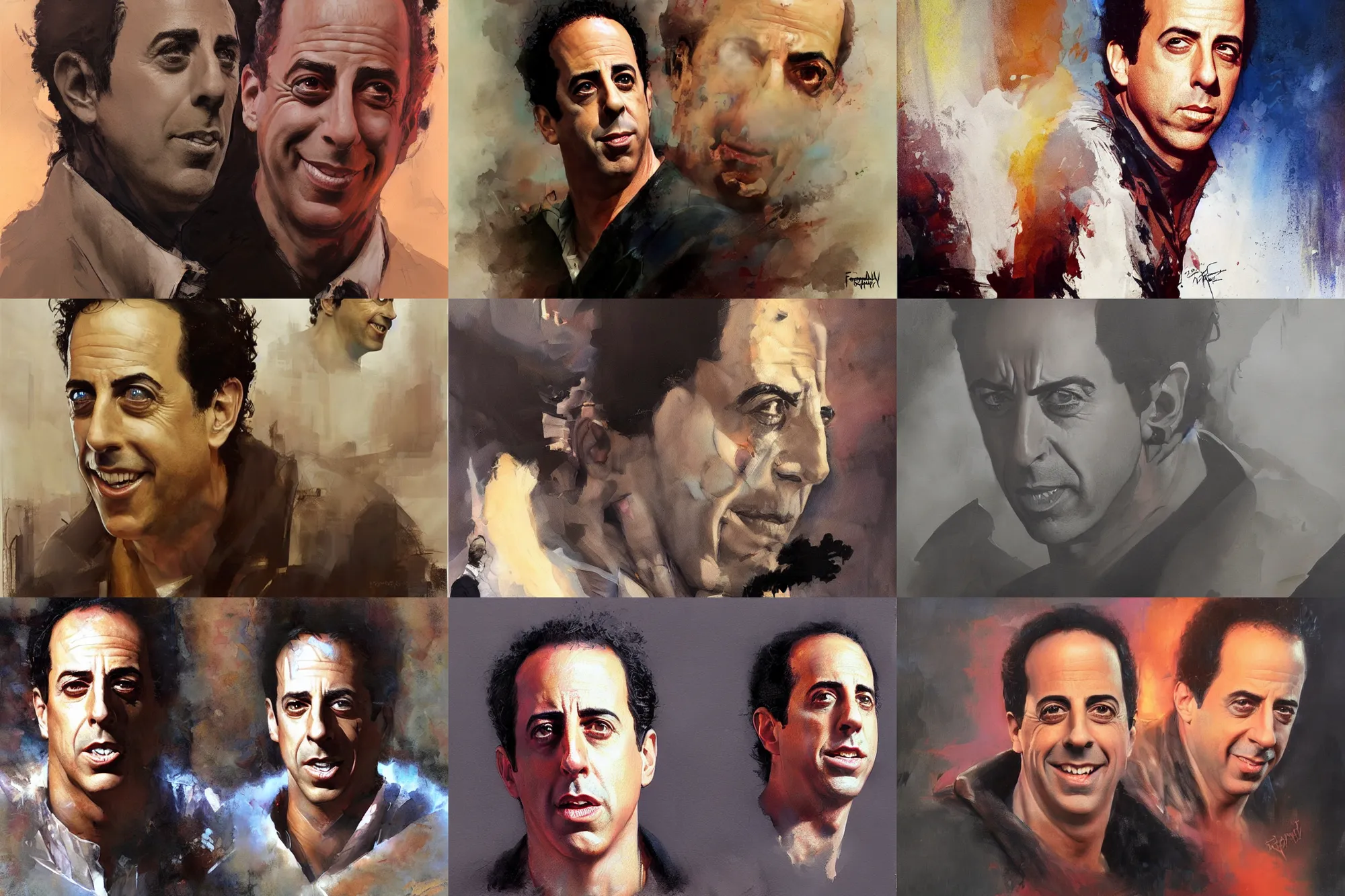 Prompt: a mixed media portrait painting of jerry seinfeld 1 9 9 0 s by frank frazetta, greg rutkowski, christian macnevin, wlop, krenz cushart, epic fantasy character art, volumetric lighting, cgsociety, exquisite detail, masterpiece, cinematic