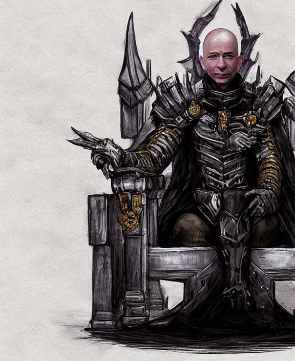 Image similar to a grimdark fantasy concept art portrait of jeff bezos sitting on a dark and evil throne