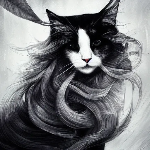 Image similar to a painting of a long haired black and white cat in a scenic environment by anna dittmann, hyperdetailed, beautiful, trending on artstation