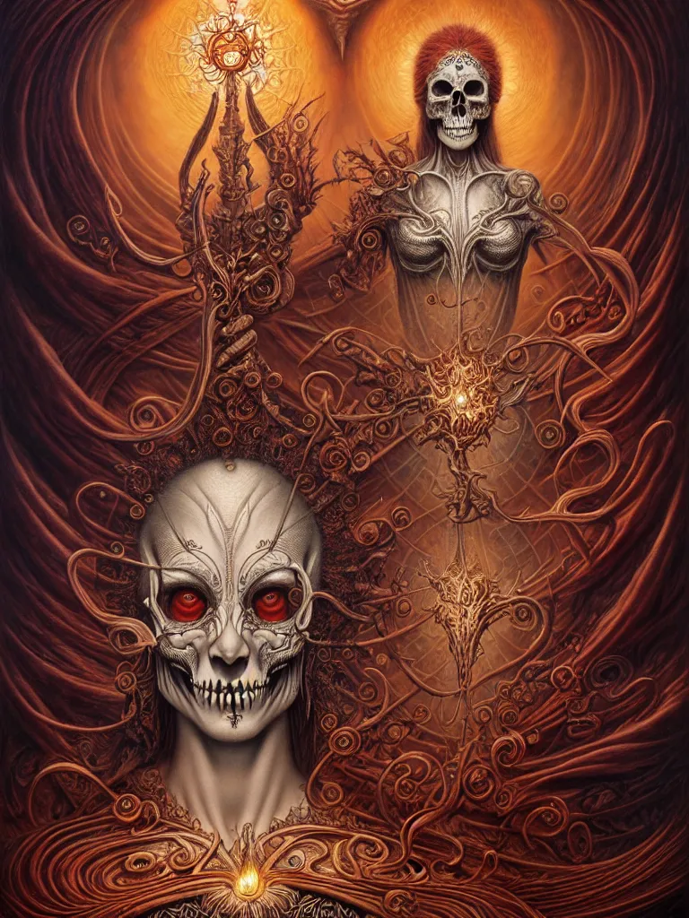 Image similar to A beautiful detailed orixa, tarot card, by tomasz alen kopera and Justin Gerard, symmetrical features, ominous, magical realism, texture, intricate, ornate, royally decorated, skull, skeleton, whirling smoke, embers, red adornements, red torn fabric, radiant colors, fantasy, trending on artstation, volumetric lighting, micro details, 3d sculpture, ray tracing, 8k, anaglyph effect