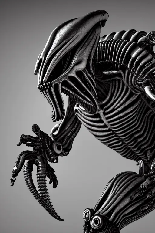 Image similar to detailed intricate biomechanical xenomorphic artifact on display, black and burnished silver, cinematic render, dynamic lighting