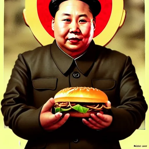 Prompt: portrait of Chairman Mao eating a giant hamburger , extra onions and ketchup, luscious patty with sesame seeds, feminine ethereal, handsome, D&D, fantasy, intricate, elegant, highly detailed, digital painting, artstation, concept art, matte, sharp focus, illustration, art by Artgerm and Greg Rutkowski and Alphonse Mucha