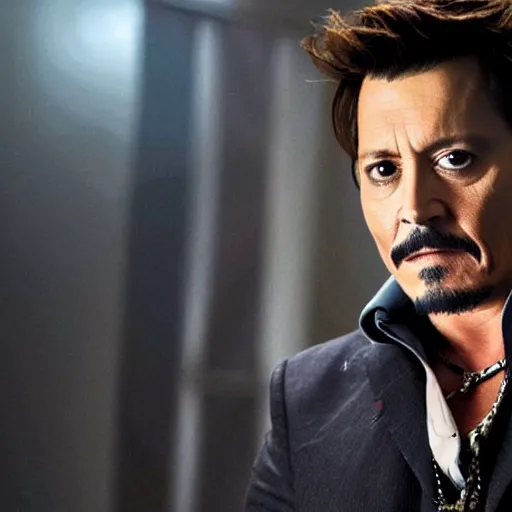 Prompt: Johnny Depp as Tony Stark, still from Marvel movie