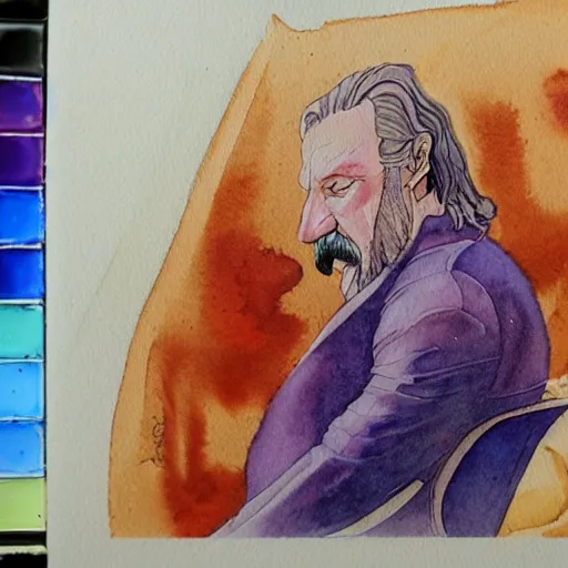 Prompt: watercolor ink painting of an man sitting, the dude from the big lebowski magician closes his eyes, in the style of jean giraud, 8 k, highly detailed