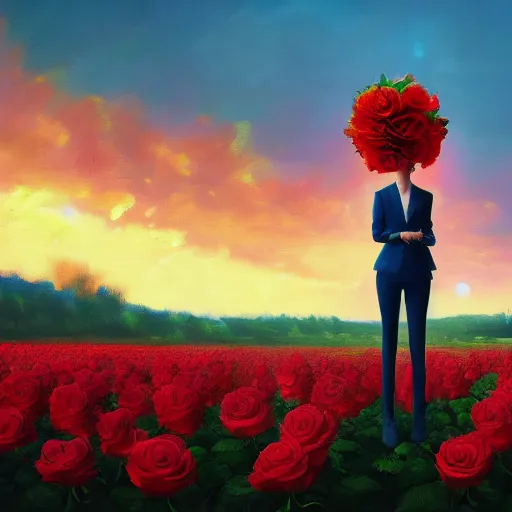 Image similar to closeup, huge rose flower head, frontal, girl in a suit, surreal photography, sunrise, blue sky, dramatic light, impressionist painting, digital painting, artstation, simon stalenhag