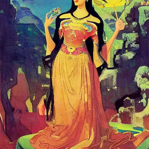 Image similar to a naturalist beautiful beautiful gorgeous vintage painting of a portrait of a queen with dark curly hair and fair pale skin on a throne by nicholas roerich by gustave moreau, by eyvind earle by bruce pennington