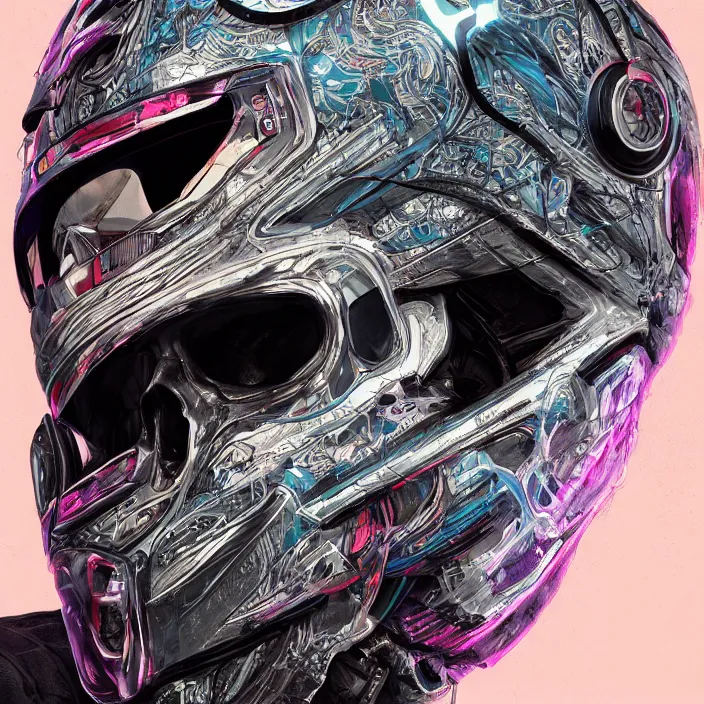 Prompt: portrait of a skull in a racing helmet. intricate abstract. intricate artwork. by Tooth Wu, wlop, beeple, dan mumford. octane render, trending on artstation, greg rutkowski very coherent symmetrical artwork. cinematic, hyper realism, high detail, octane render, 8k, iridescent accents