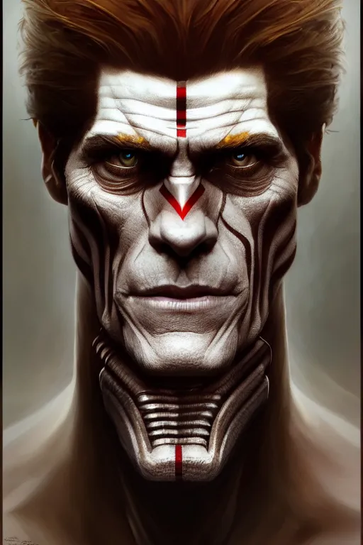 Image similar to symmetry!! portrait of willem dafoe in the style of god of war, machine parts embedded into face, intricate, elegant, highly detailed, digital painting, artstation, concept art, smooth, sharp focus, illustration, art by artgerm and greg rutkowski and alphonse mucha, 8 k