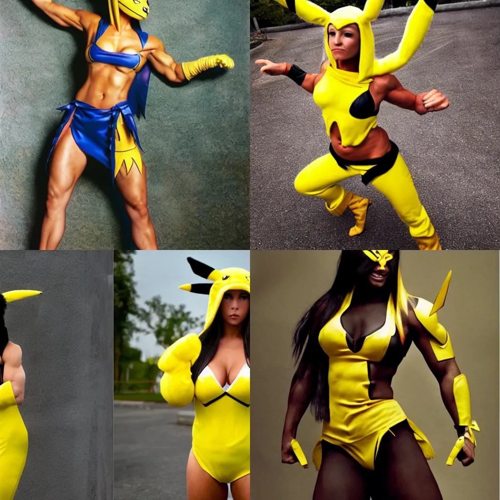 Prompt: muscular woman dressed up as a Mortal Combat Character in a pikachu costume, photo by Annie Liebovitz