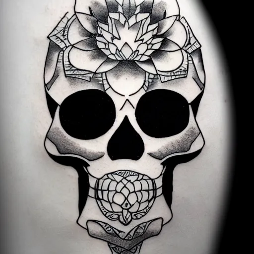 Image similar to tattoo design, stencil, tattoo stencil, traditional, a world famous tattoo of a geometric skull with a galaxy coming out of the top of its head-s 100