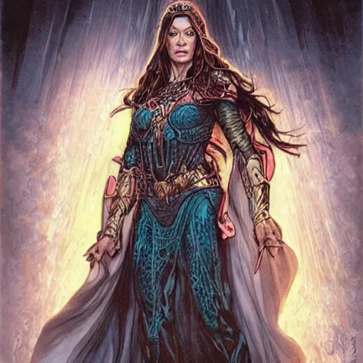 Image similar to evangeline Lilly as a priestess calling down thunder, symmetrical, smooth, sharp focus, art by magali villeneuve and art germ, concept art, very high quality