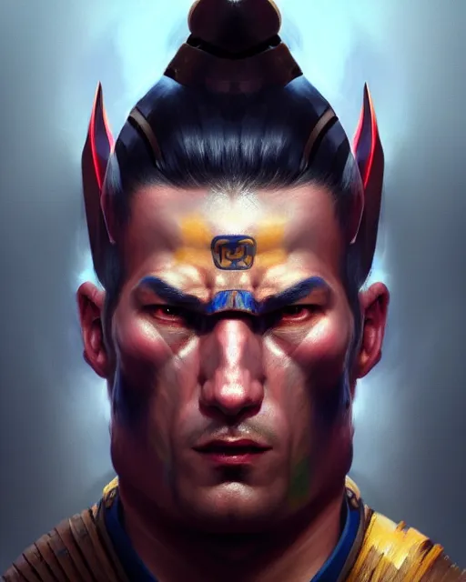 Image similar to face portrait of nikola jokic as a muscular ronin samurai, wearing a haori, by wlop and peter mohrbacher, dramatic action pose, extremely detailed shading, concept art, digital painting, trending on artstation, unreal engine 5, octane render, atmosphere, glow, cinematic lighting, full of color