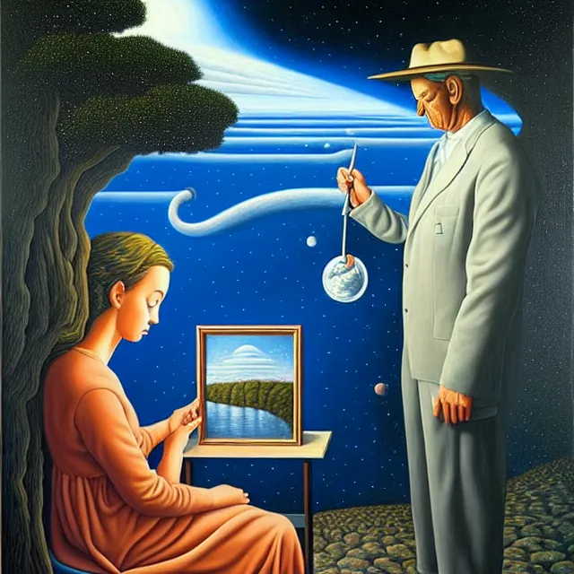 Image similar to an oil on canvas portrait of a man painting a portrait of a beautiful woman, surrealism, surrealist, cosmic horror, rob gonsalves, high detail