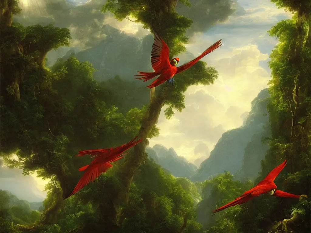 Image similar to gorgeous macaws flying at dawn in the distance through the forest, jungle mountains in the background, highly detailed, heavenly lighting, trending on art station, very detailed birds, painting by thomas cole