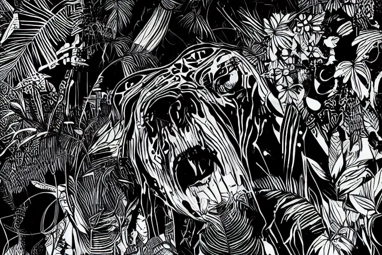 Prompt: black canvas neon ink jungle, detailed illustration, artstation