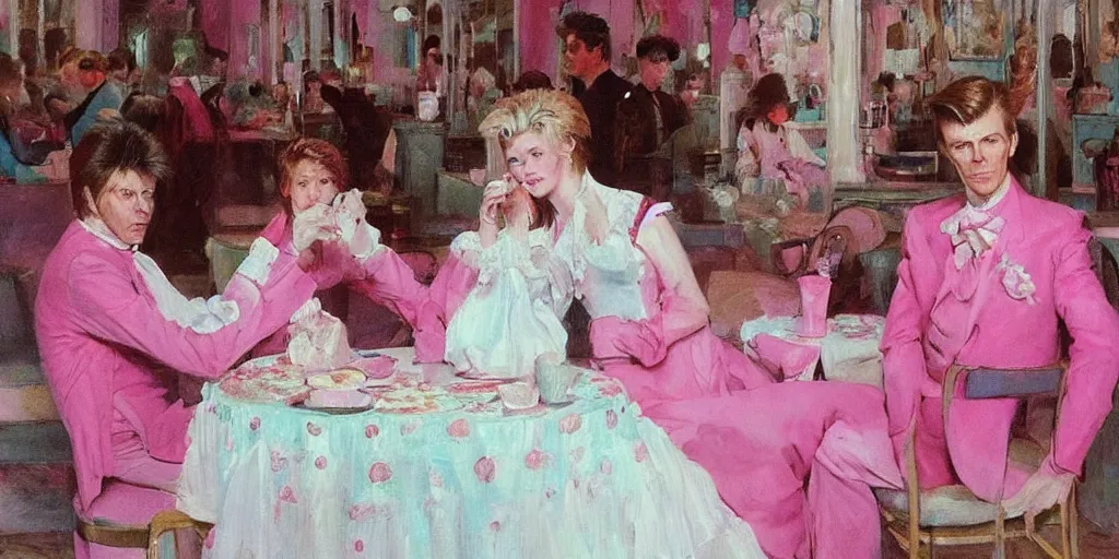 Image similar to 3 d david bowie, dressed in a pink, white, and teal ballgown, in an ice cream parlor, master painter and art style of noel coypel, art of emile eisman - semenowsky, art of edouard bisson